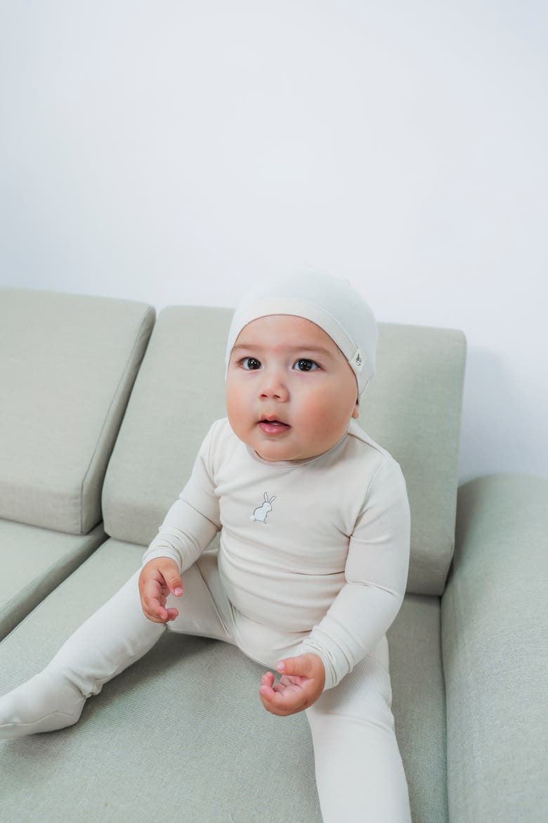 Boy Bunny Print Modal Jersey Romper with Matching Hat, Alternate, color, Blue Mist