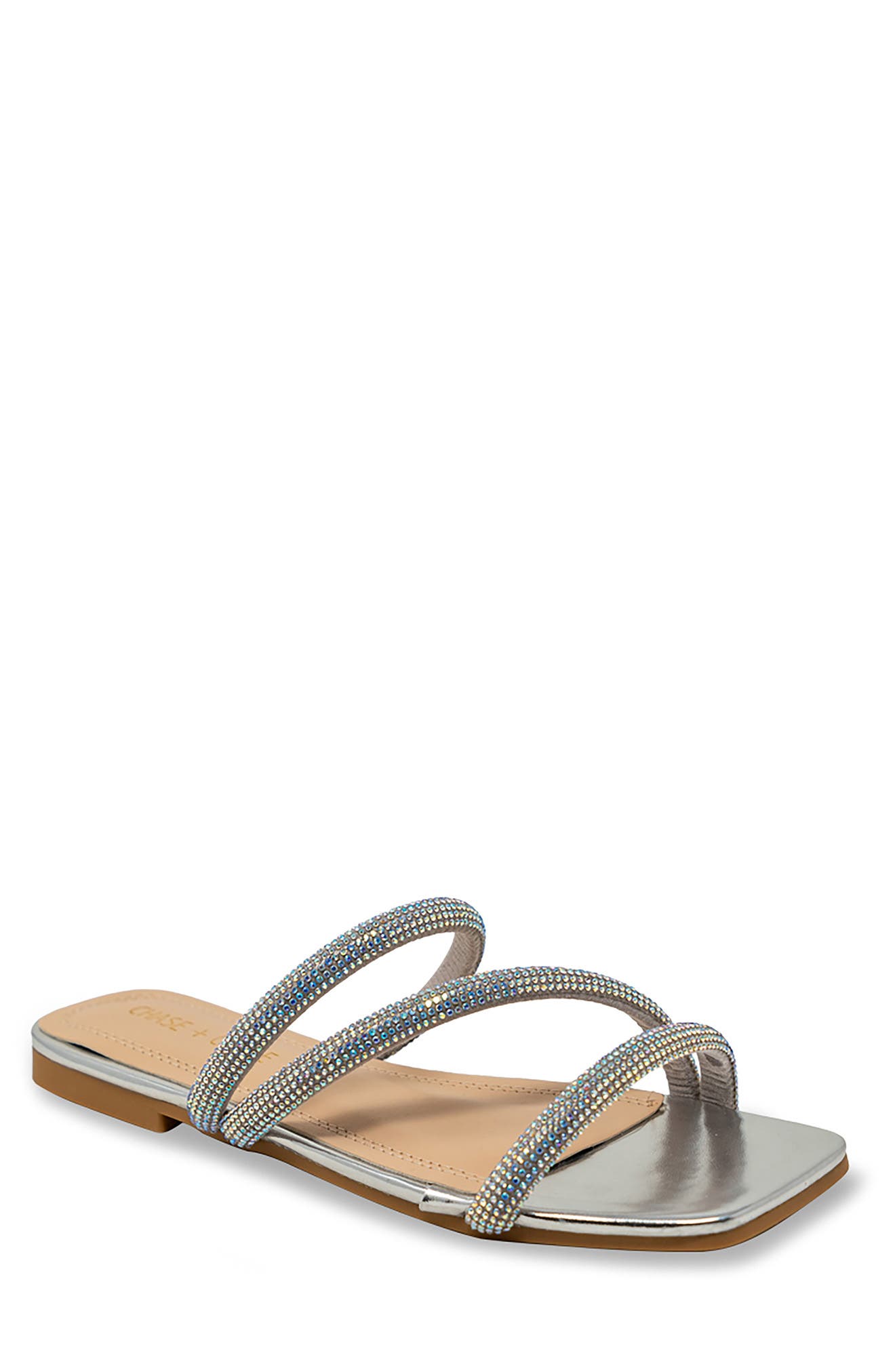 CHASE AND CHLOE ́ Rhinestone Asymmetrical Strap Sandal, Main, color, 