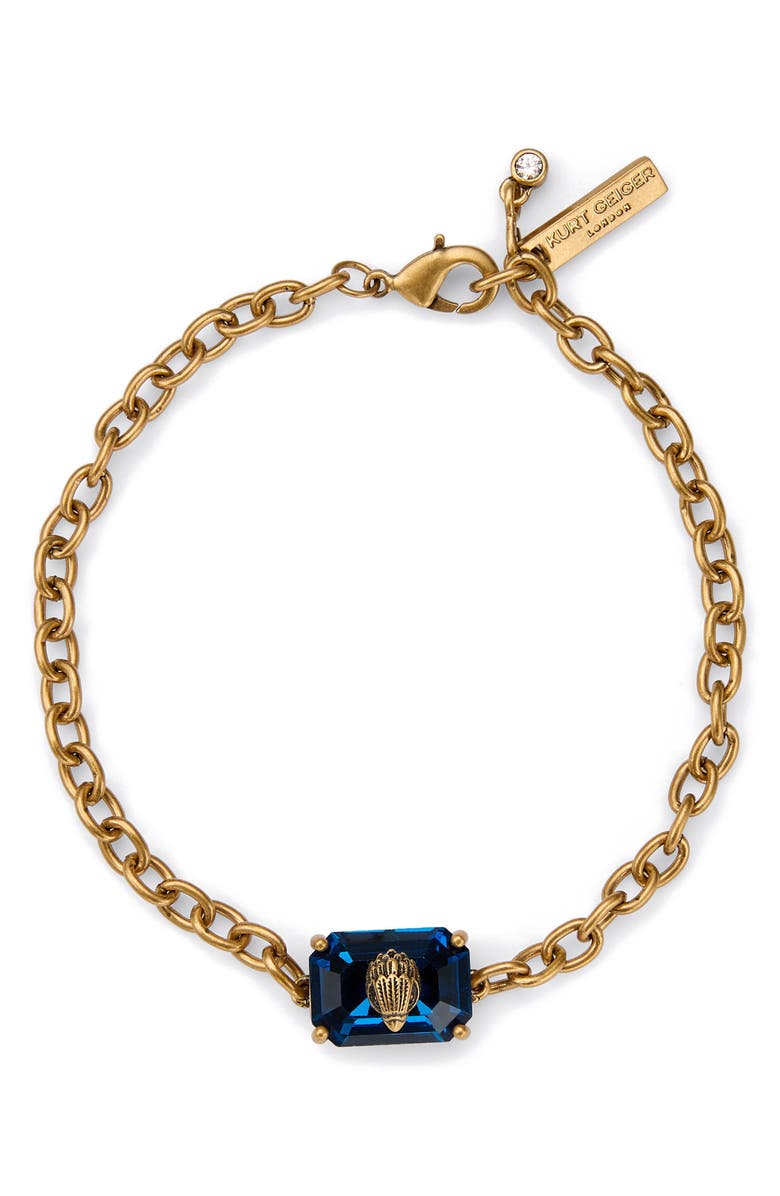 Kurt Geiger London Emerald Cut Crystal Chain Bracelet, Main, color, Blue