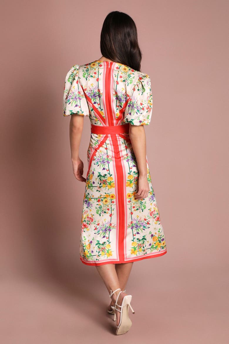 Satin Scarf Print V-Neck Midi Dress, Alternate, color, Ivory