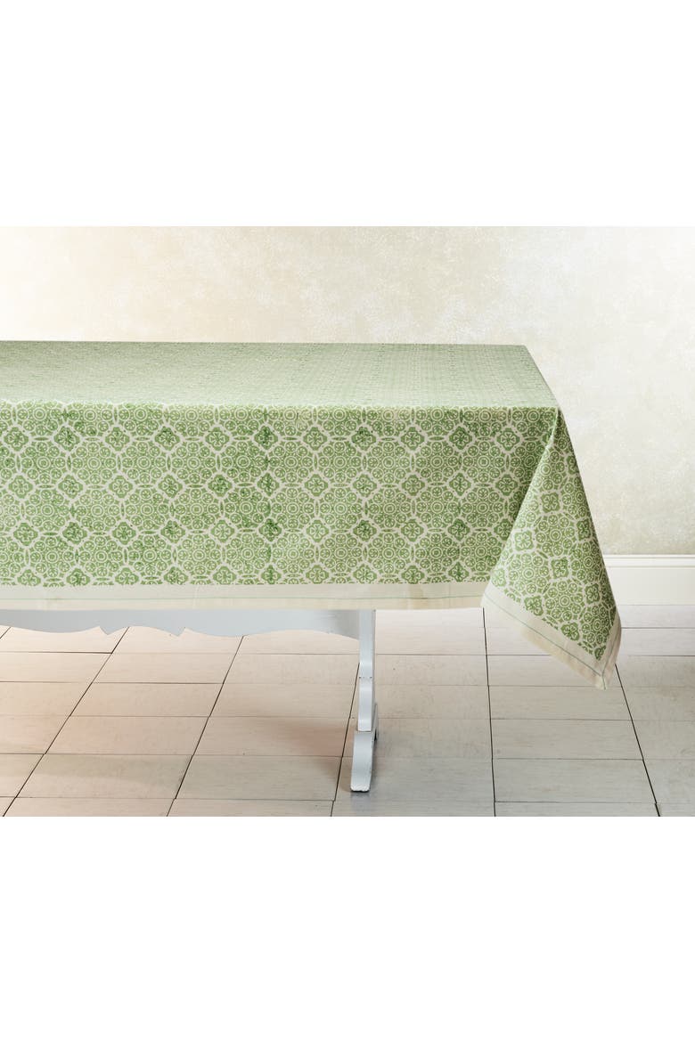 Hand Block Printed Tablecloth - 60" x 60", Main, color, Mosaic Sage