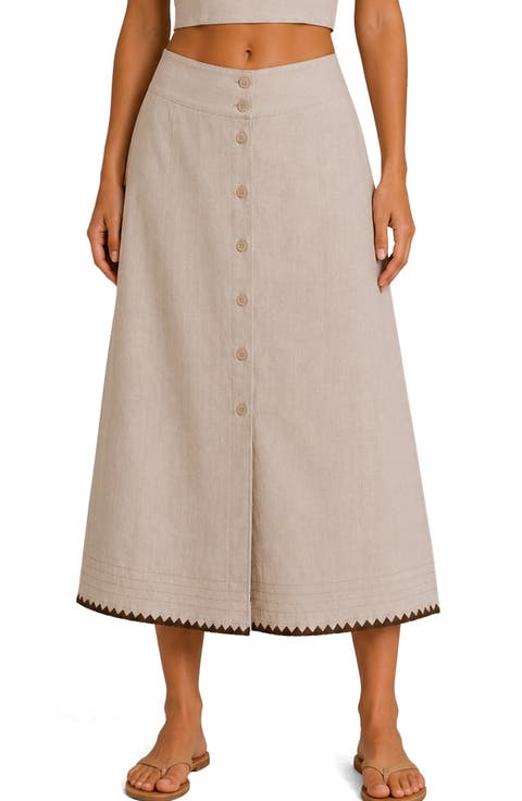 Whipstitch Buttoned Midi Skirt