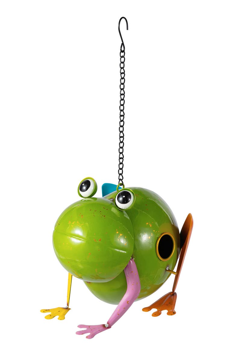 9"L Metal Glossy Frog Outdoor Garden Birdhouse, Alternate, color, Green