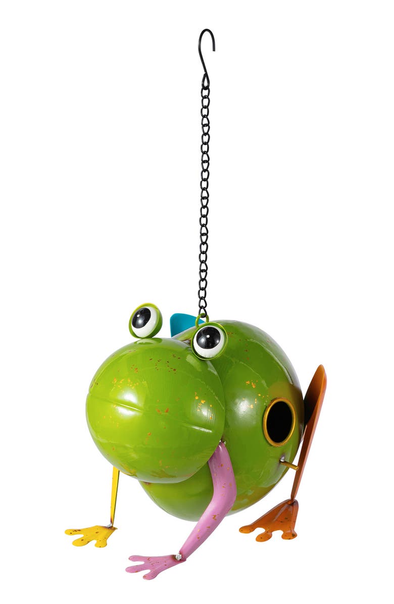 Glitzhome 9"L Metal Glossy Frog Outdoor Garden Birdhouse, Alternate, color, Green
