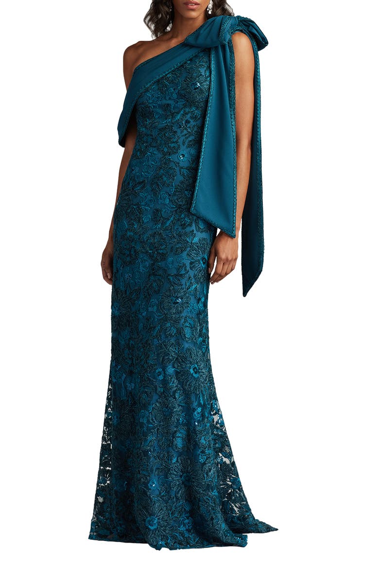 Beaded Floral One-Shoulder Gown, Alternate, color, CERULEAN