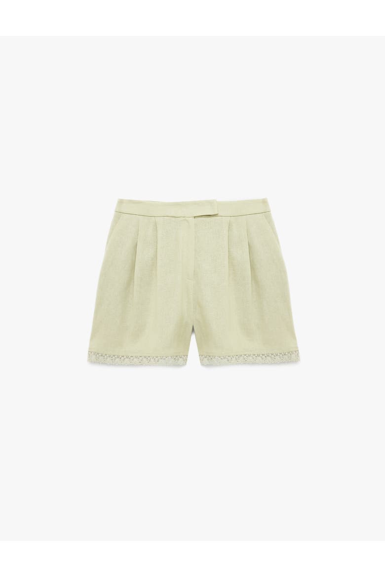Linen Blend Mid Rise Pocket Detail Shorts with Lace Trim, Alternate, color, GREEN