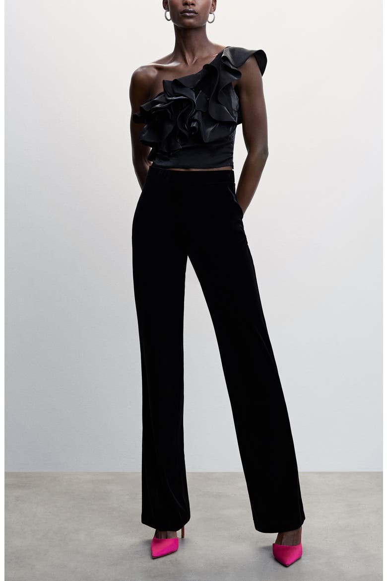 Asymmetric Ruffle One-Shoulder Satin Blouse, Alternate, color, BLACK