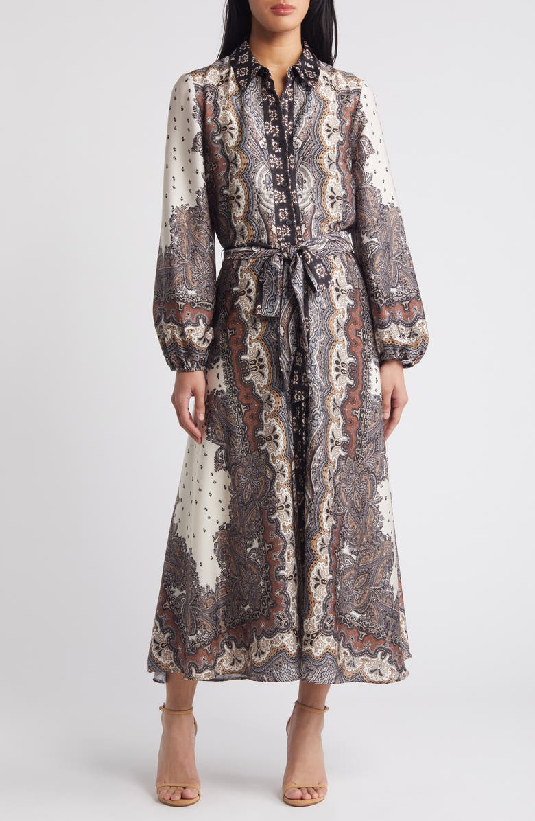 Julia Jordan Tie Belt Long Sleeve Midi Shirtdress, Main, color, Black Multi