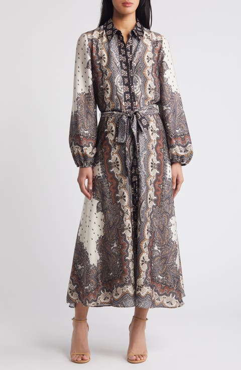 Tie Belt Long Sleeve Midi Shirtdress