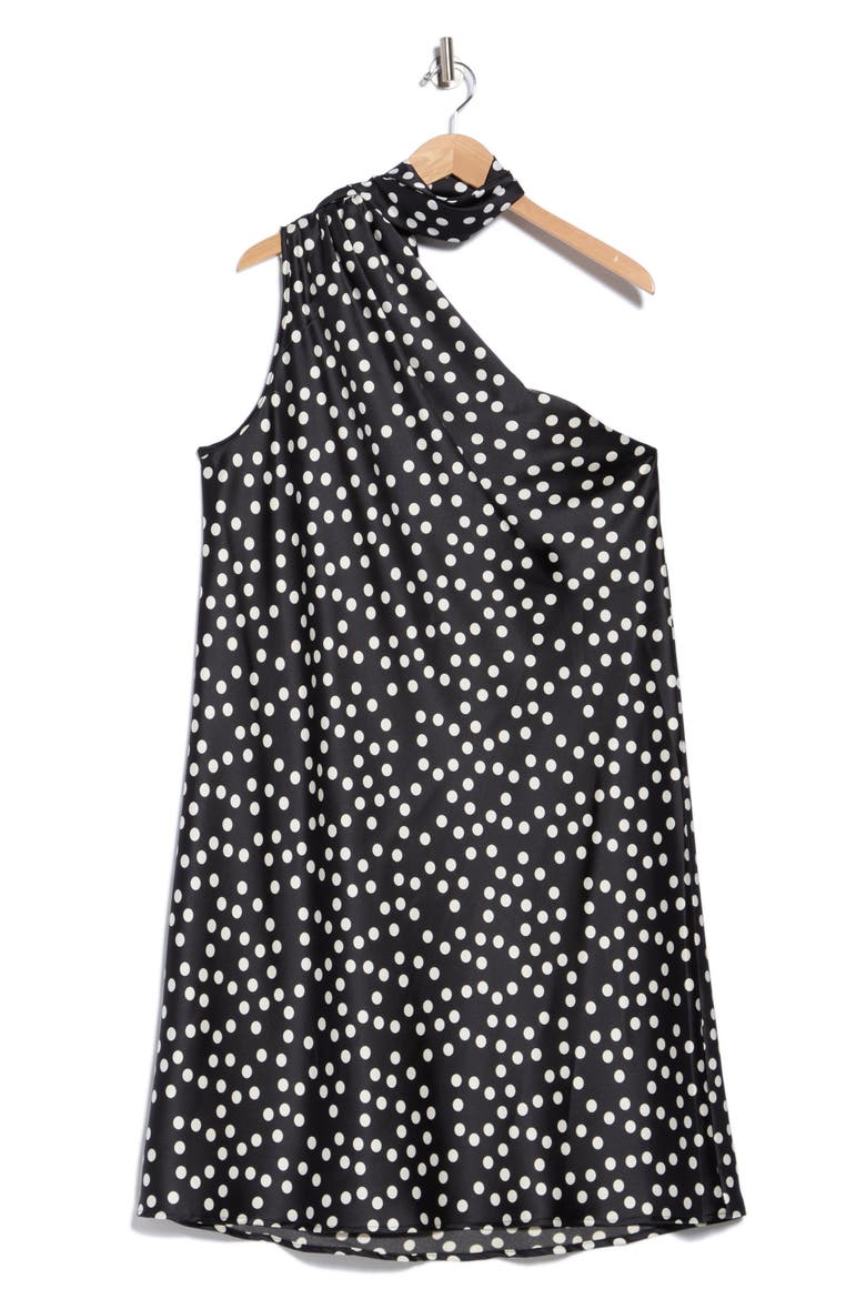One-Shoulder Polka Dot Dress, Main, color, BLACK