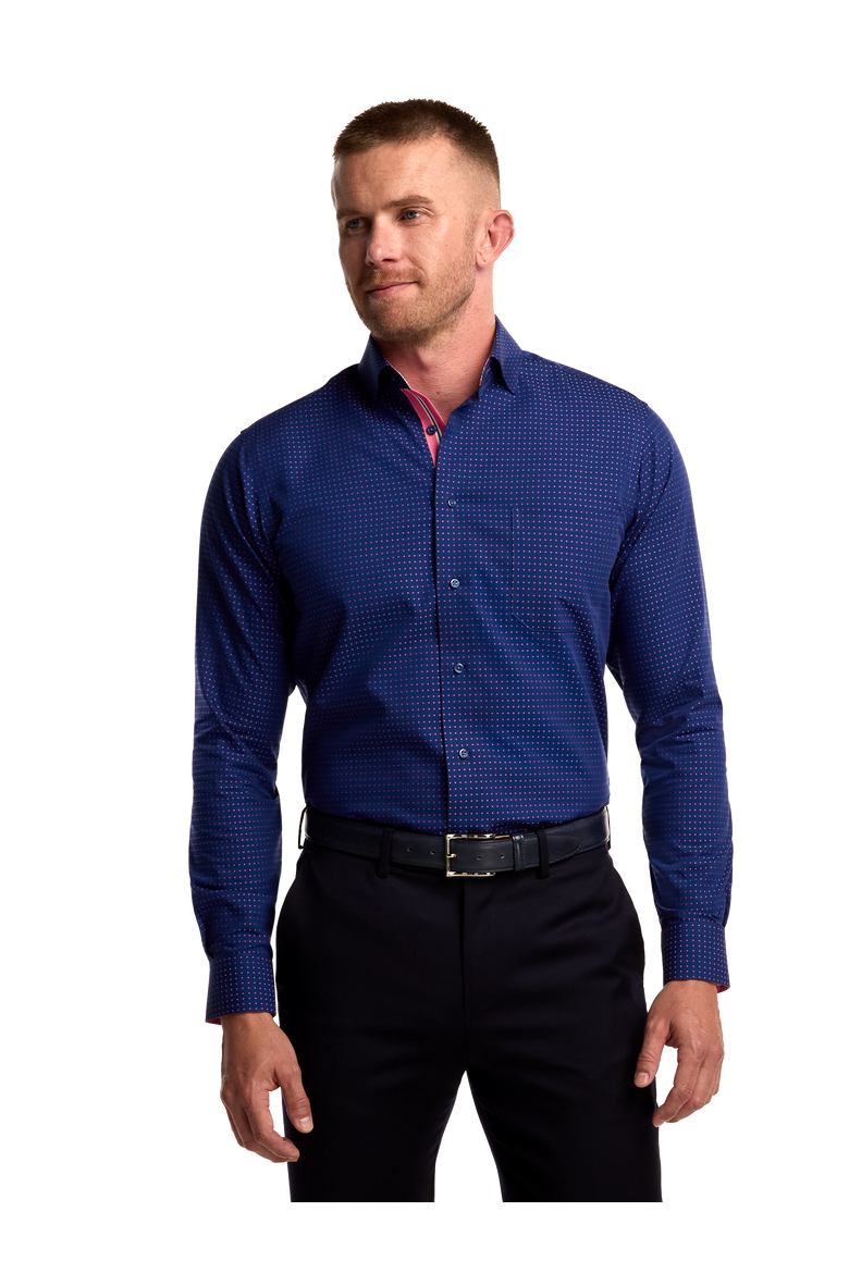 Cotton Spread Collar Poplin Slim Contrast Trim Button Cuff Long Sleeve Shirt, Alternate, color, Navy/Pink