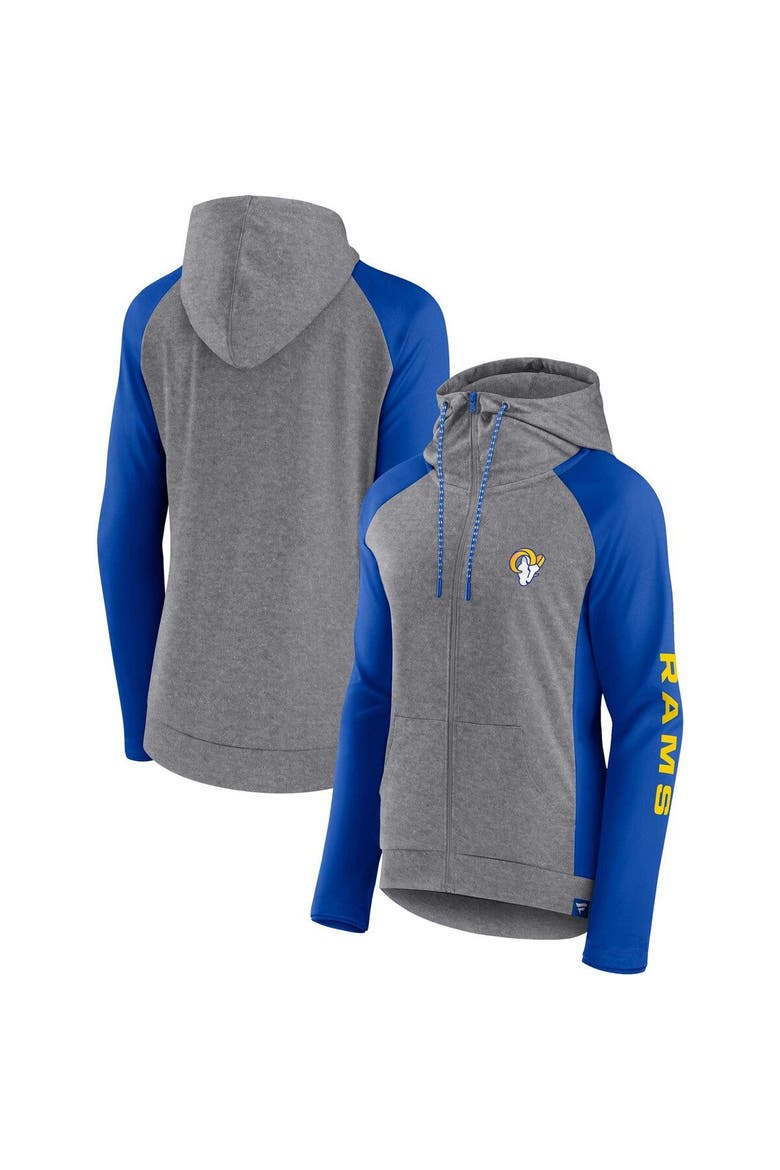 Women's Fanatics Branded  Heather Gray/College Royal Los Angeles Rams Blind Side Lightweight Full-Zip Hoodie, Main, color, Heather Gray