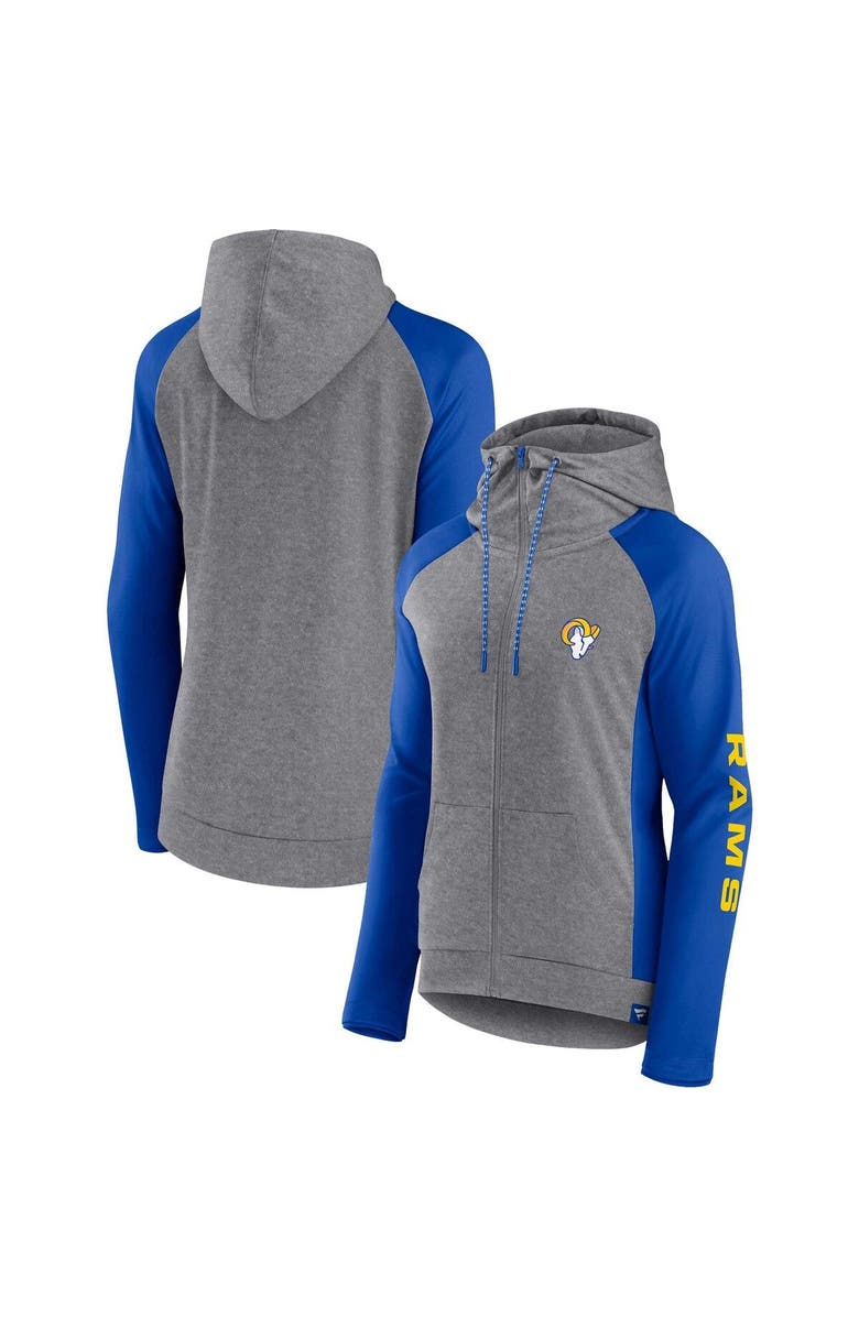 FANATICS Women's Fanatics Branded  Heather Gray/College Royal Los Angeles Rams Blind Side Lightweight Full-Zip Hoodie, Main, color, Heather Gray