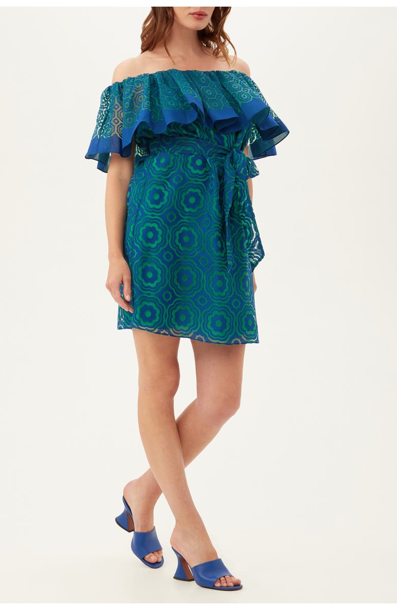 Trina Turk Flowery 2 Off the Shoulder Burnout Dress, Alternate, color, Majorelle Blue/Zelliege Green