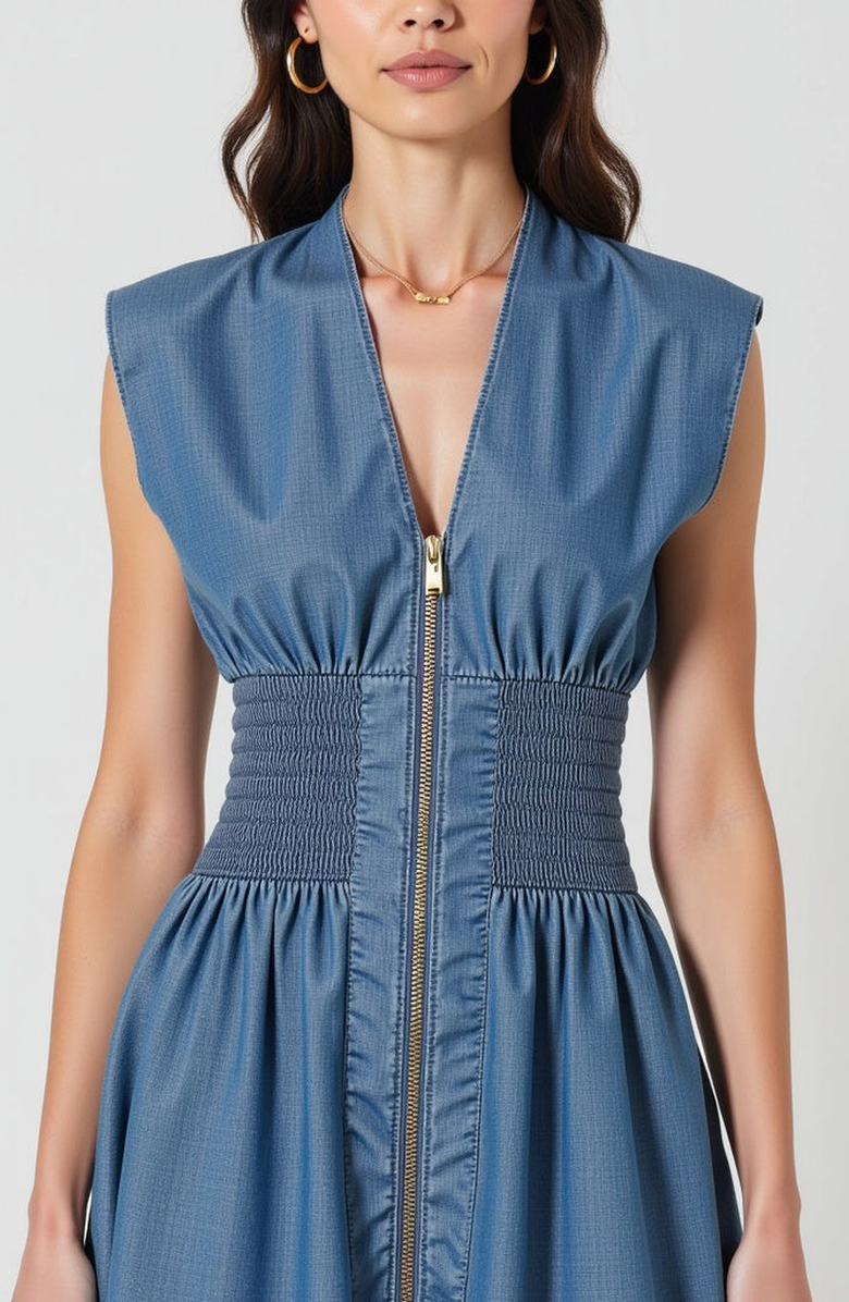 Modenaire Denim Mini Dress with Cap Sleeves and Smocked Waist, Alternate, color, Denim Blue