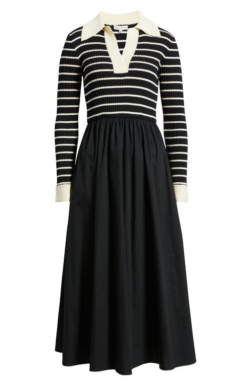 Moon River Stripe Long Sleeve Twofer Midi Dress In Black