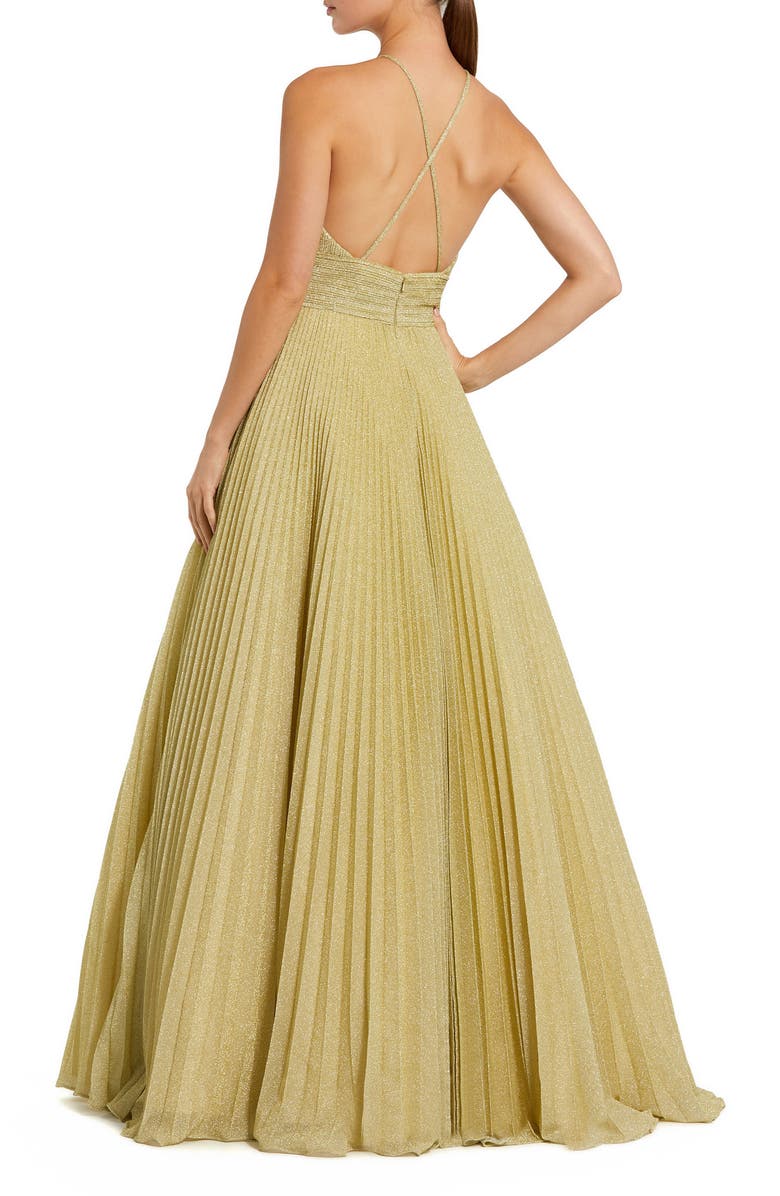 Mac Duggal Shimmering Pleated High Neck Open Back Gown, Alternate, color, Gold