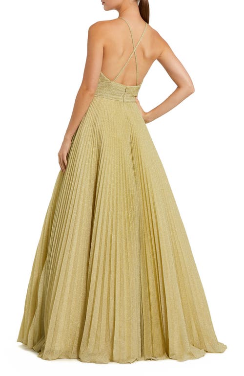 Mac Duggal Shimmering Pleated Georgette High Neck Gown In Gold