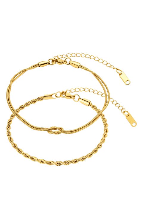 Set of 2 18k Gold Plated Knot & Rope Chain Bracelets
