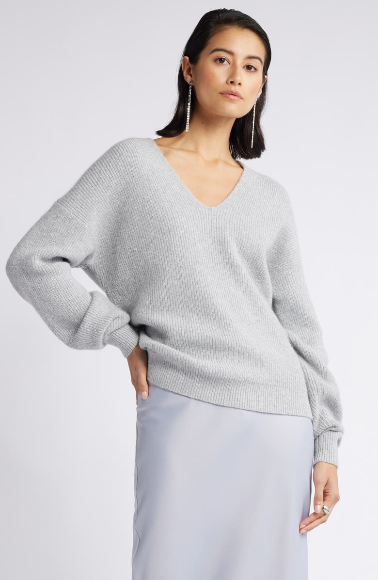 Nordstrom Metallic V-Neck Sweater, Main, color, Grey Htr- Silver Lurex
