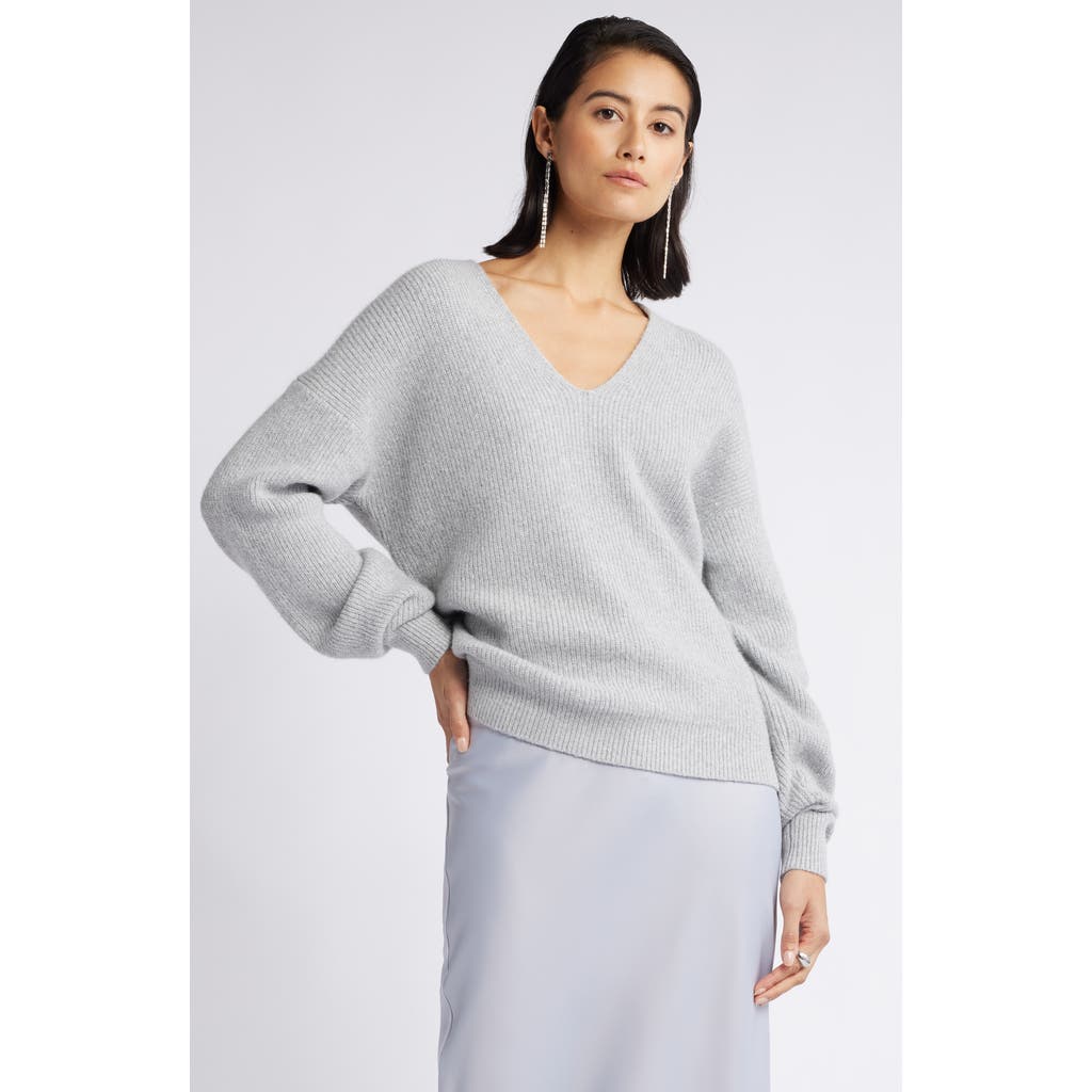 Nordstrom Metallic V-neck Sweater In Grey Heather- Silver Lurex