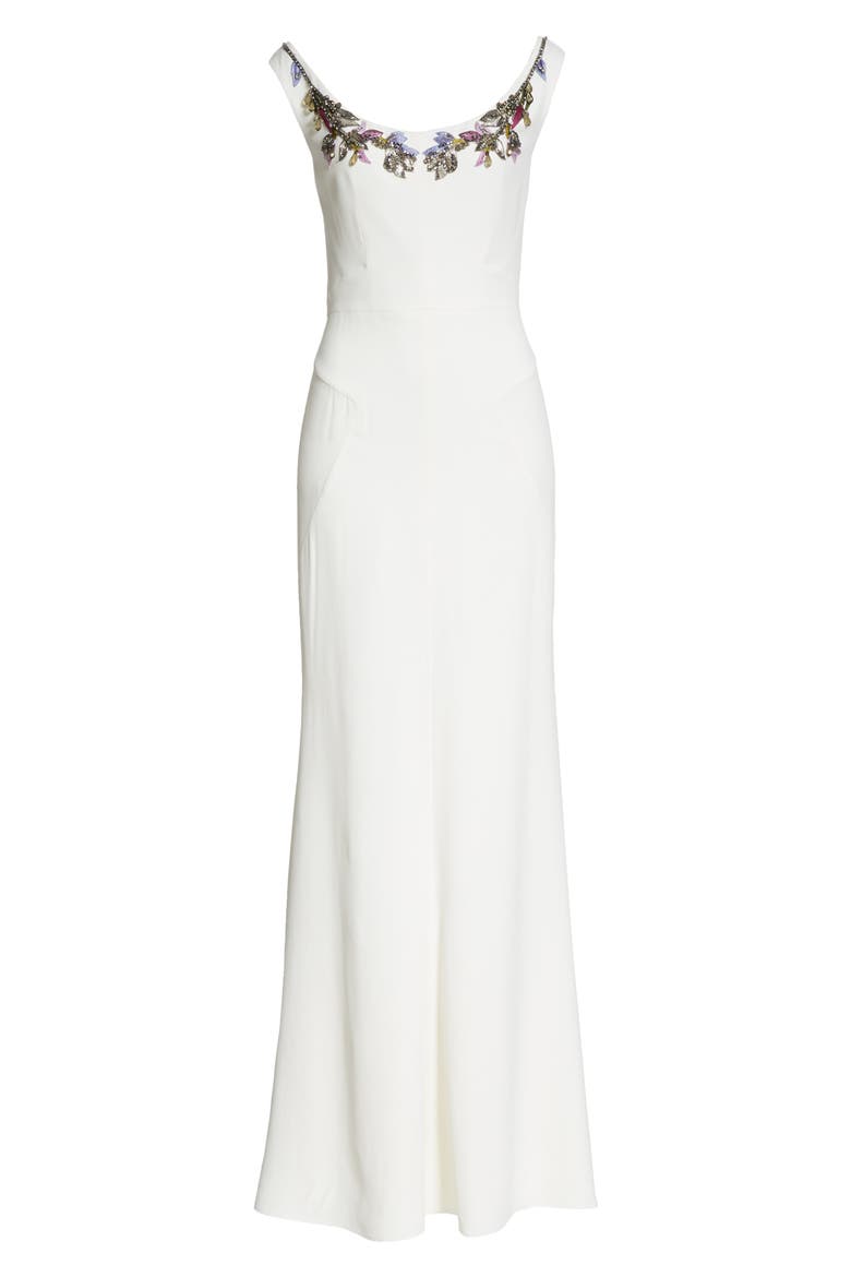 Alexander McQueen Embellished Neck Crepe Sheath Gown, Alternate, color, LIGHT IVORY