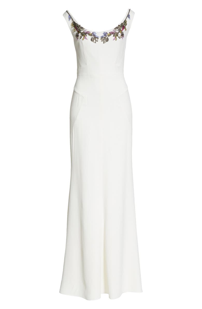 McQueen Alexander McQueen Embellished Neck Crepe Sheath Gown, Alternate, color, 