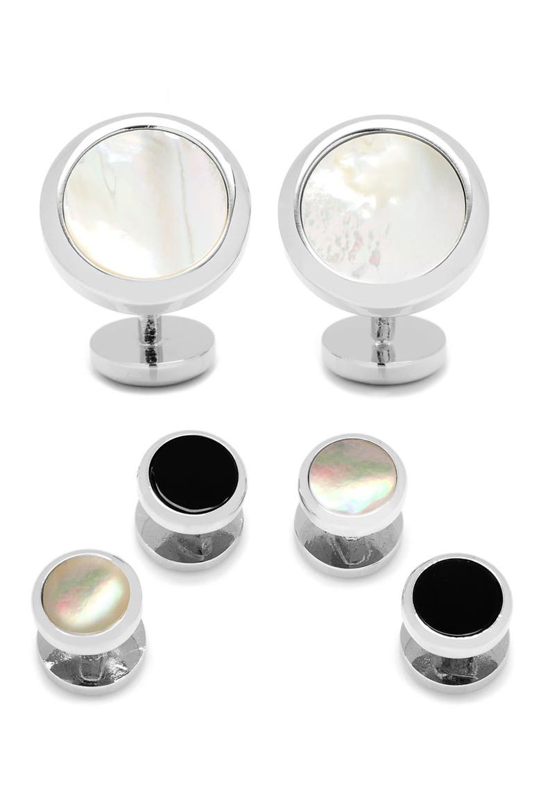 Ox and Bull Trading Co. Mother-of-Pearl Cuff Links & Shirt Stud Set, Main, color, WHITE