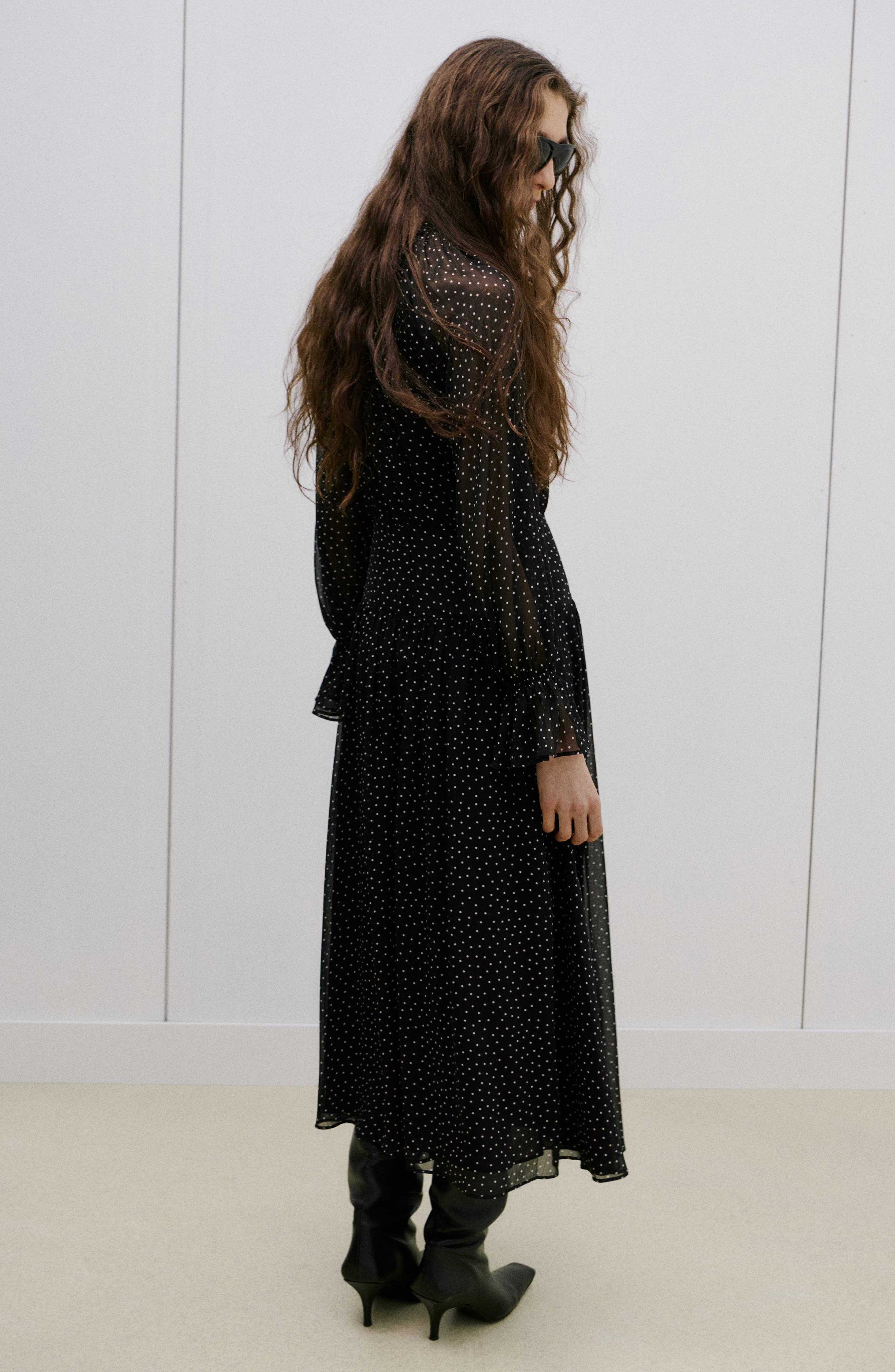 black polka dot long sleeve dress L / Grey Polka Dot
