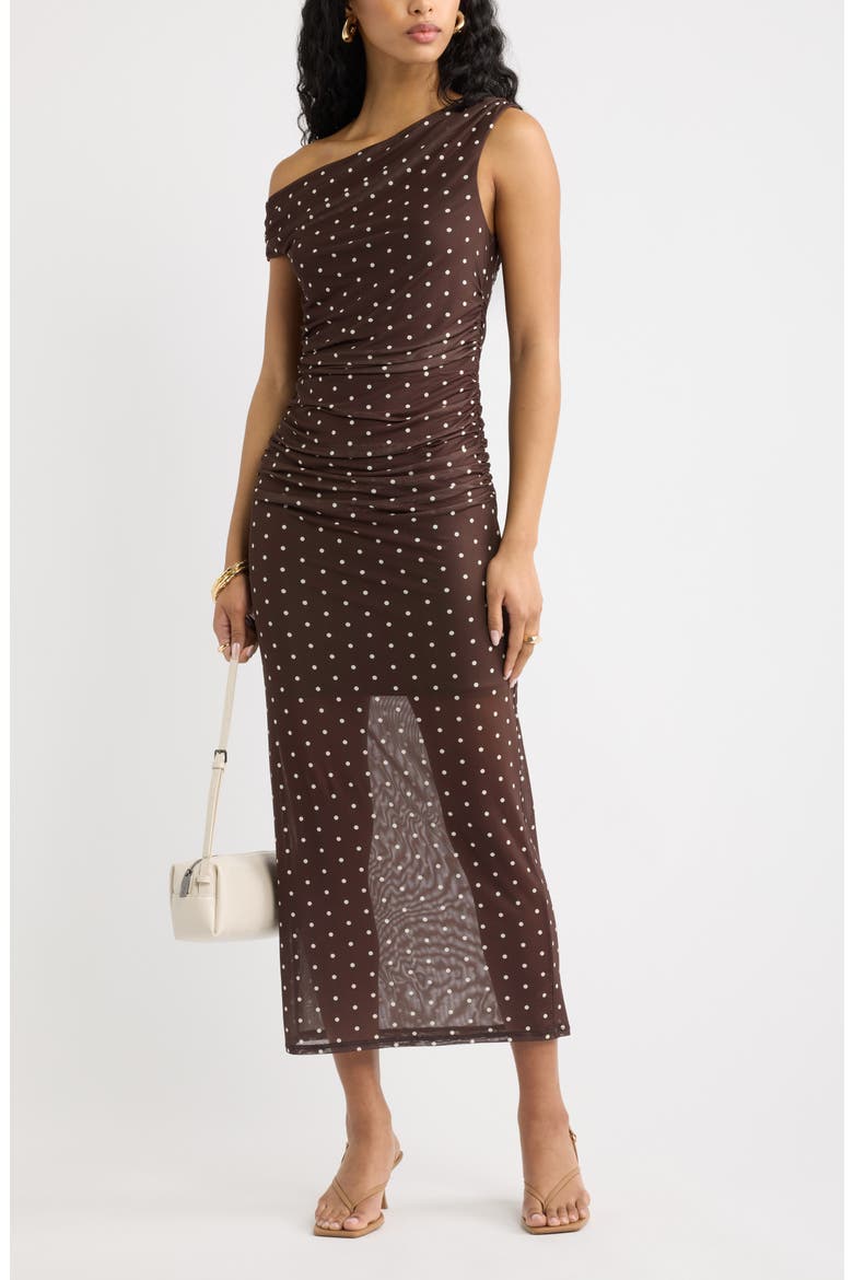Off the Shoulder Mesh Midi Dress, Alternate, color, BROWN- IVORY CORNER DOT
