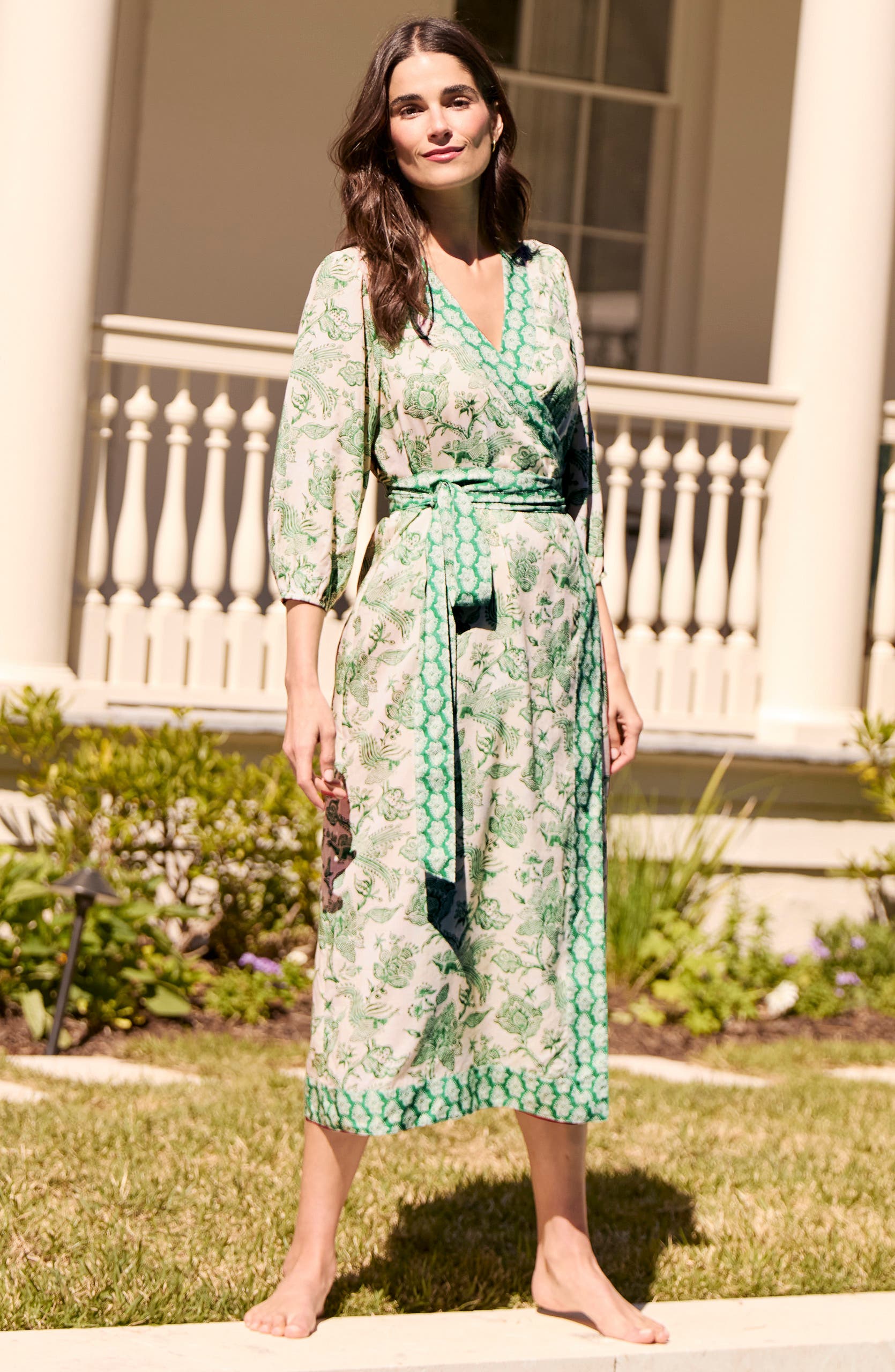 alana printed wrap over midi dress London Times Women's Floral Long Sleeve Fit & Flare Dress - Blue
