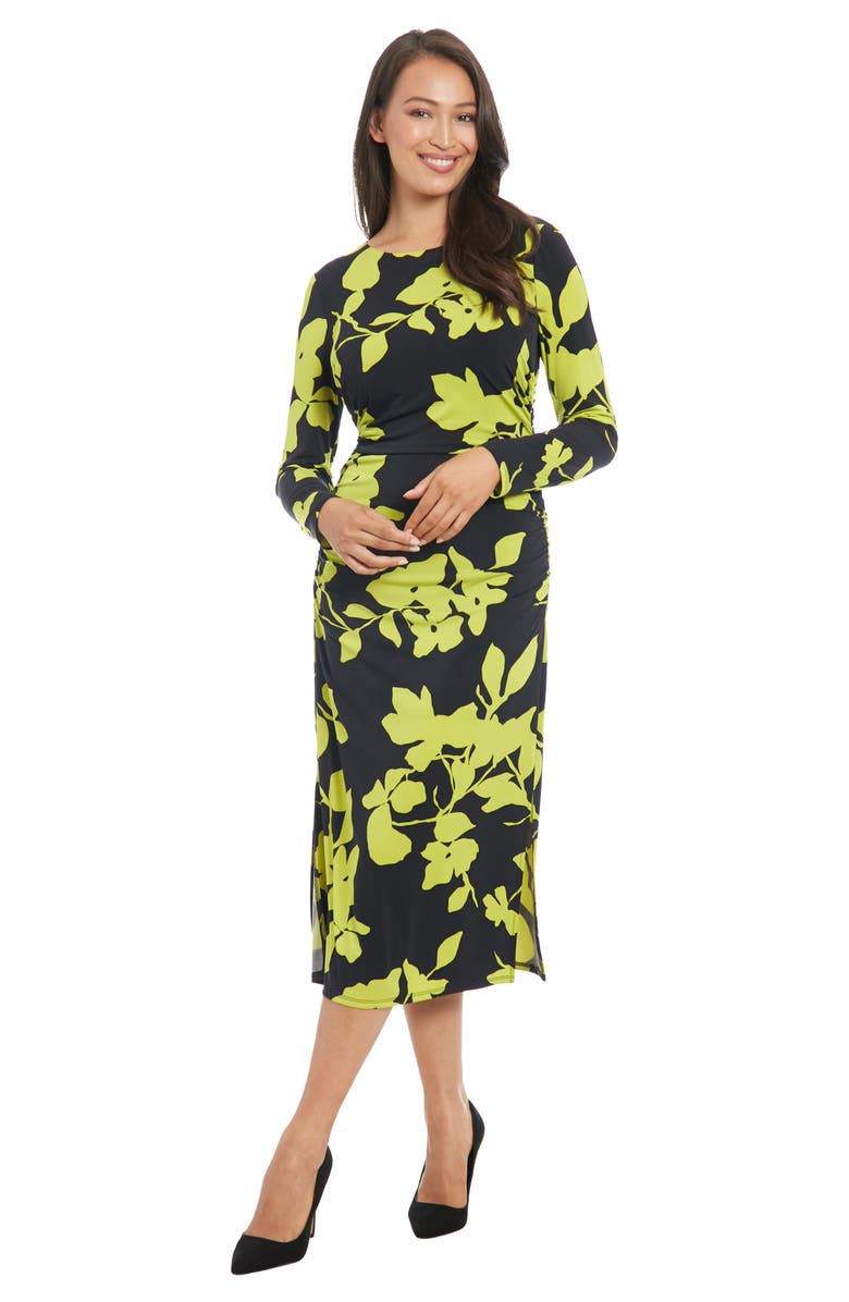 London Times Floral Long Sleeve Side Ruched Jersey Midi Dress, Alternate, color,