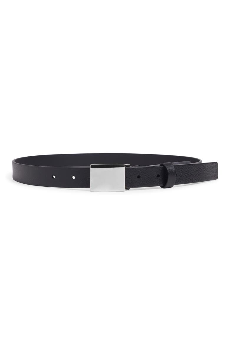 Plaque Buckle Leather Belt, Main, color, BLACK/ POLISHED NICKEL