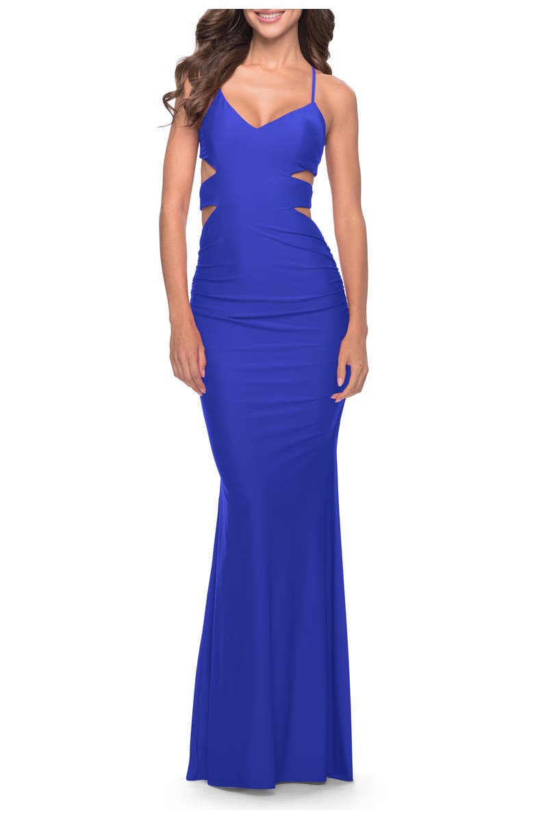 La Femme Side Cut Out Jersey Dress with Strappy Back, Main, color, Royal Blue