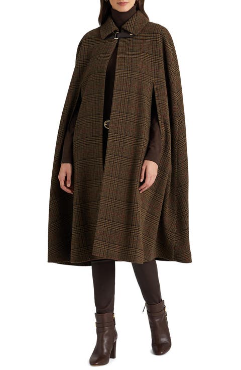 Plaid Wool Blend Long Cape