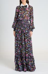 Valentino Garavani Floral Print Long Sleeve Silk Georgette Gown