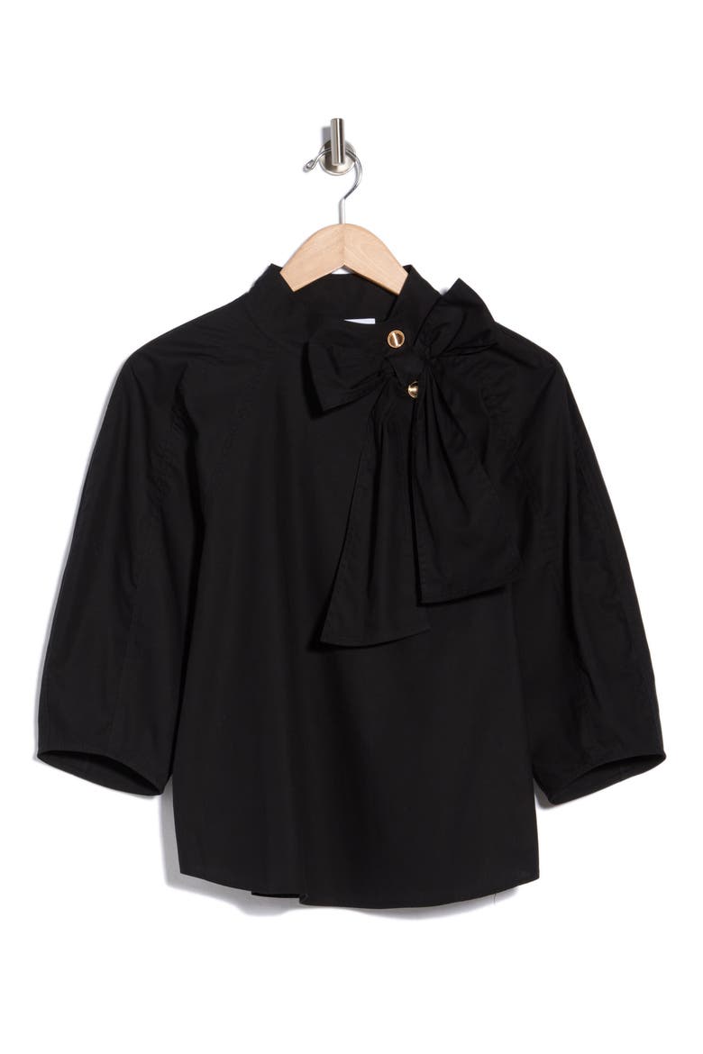 Tie Neck Puff Sleeve Top, Alternate, color, BLACK