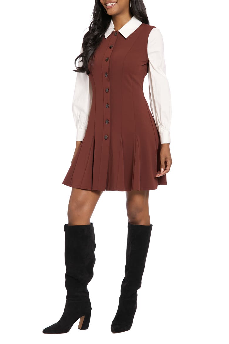 Long Sleeve Twofer Scuba Fit & Flare Dress, Alternate, color, BITTER CHOCOLATE