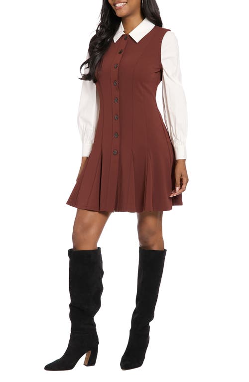 London Times Long Sleeve Twofer Scuba Fit & Flare Dress In Brown
