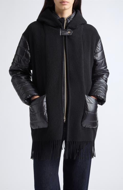 Fringe Wool & Cashmere Poncho Jacket with Quilted Nylon Bib Inset