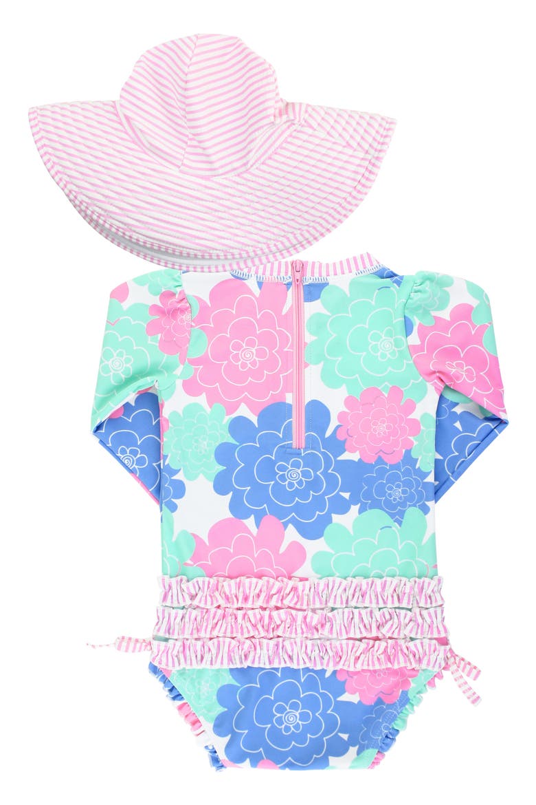 Pastels One-Piece Rashguard Swimsuit & Floppy Hat Set, Alternate, color, WHITE