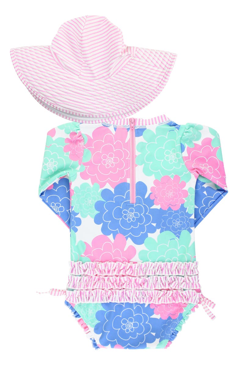 RuffleButts Pastels One-Piece Rashguard Swimsuit & Floppy Hat Set, Alternate, color, 