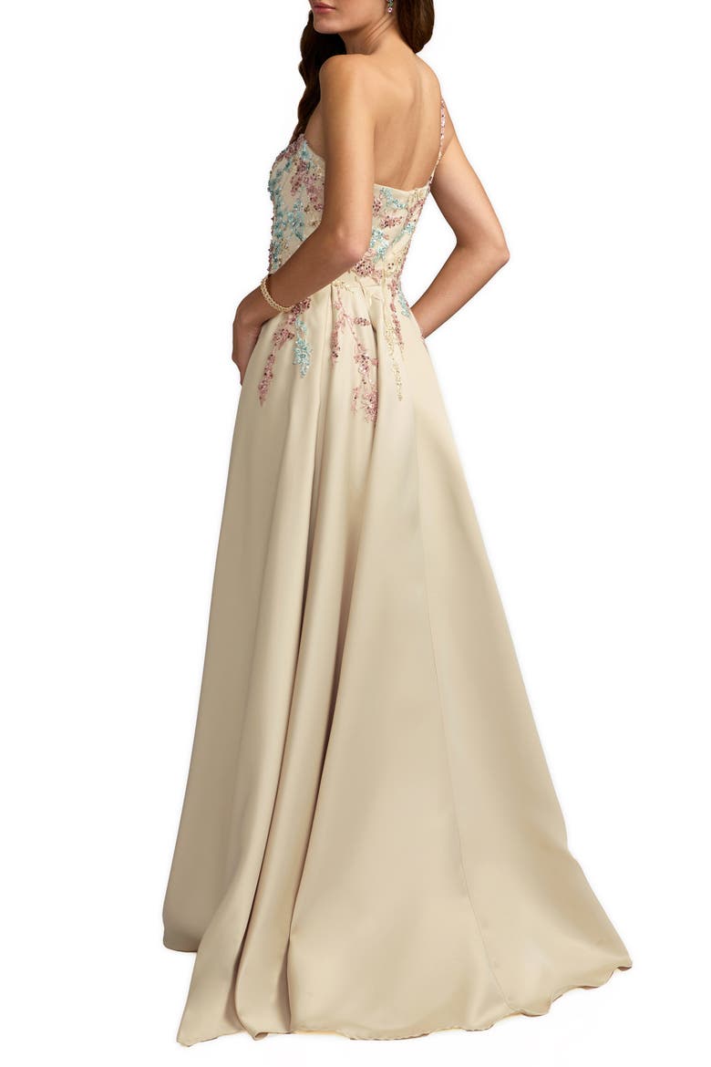 One Shoulder Embellished Satin Gown With Overskirt, Alternate, color, Champagne Multi