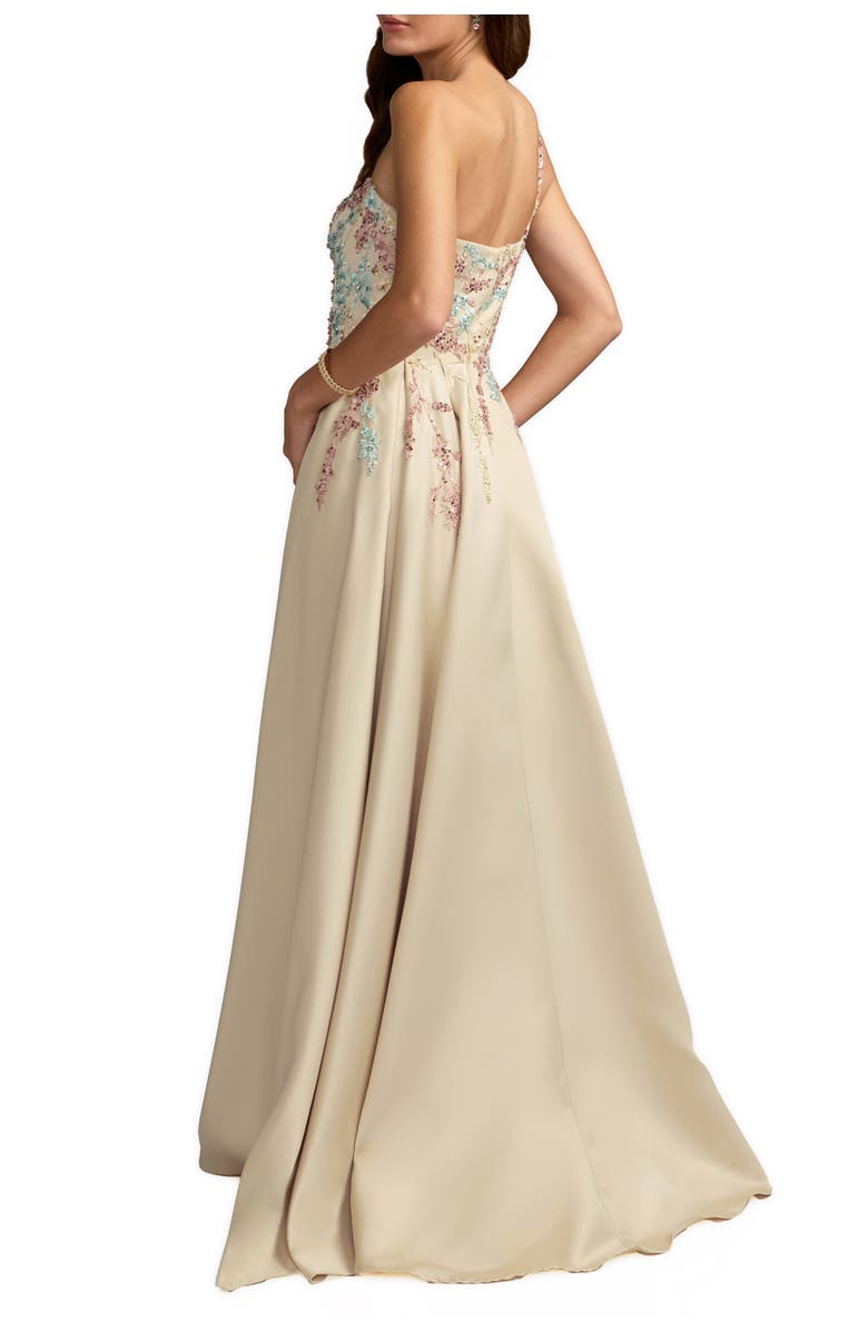 Mac Duggal One Shoulder Embellished Satin Gown With Overskirt, Alternate, color, Champagne Multi
