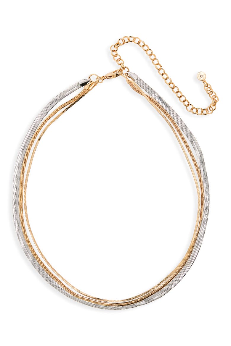 Layered Herringbone Chain Pendant Necklace, Main, color, RHODIUM
