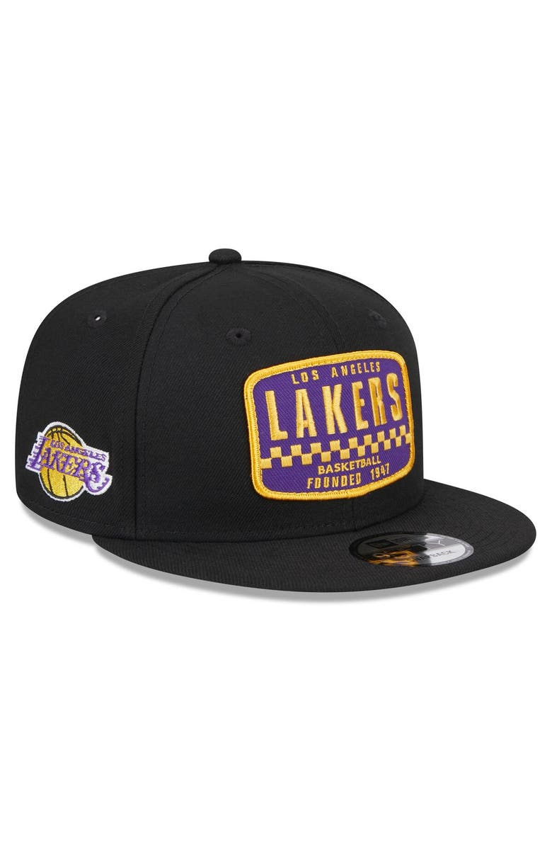 New Era Men's New Era Black Los Angeles Lakers Rally Drive Finish Line Patch 9FIFTY Snapback Hat, Main, color,