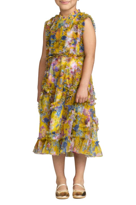 Girls Sleeveless Mesh Ruffle High Neck Dress