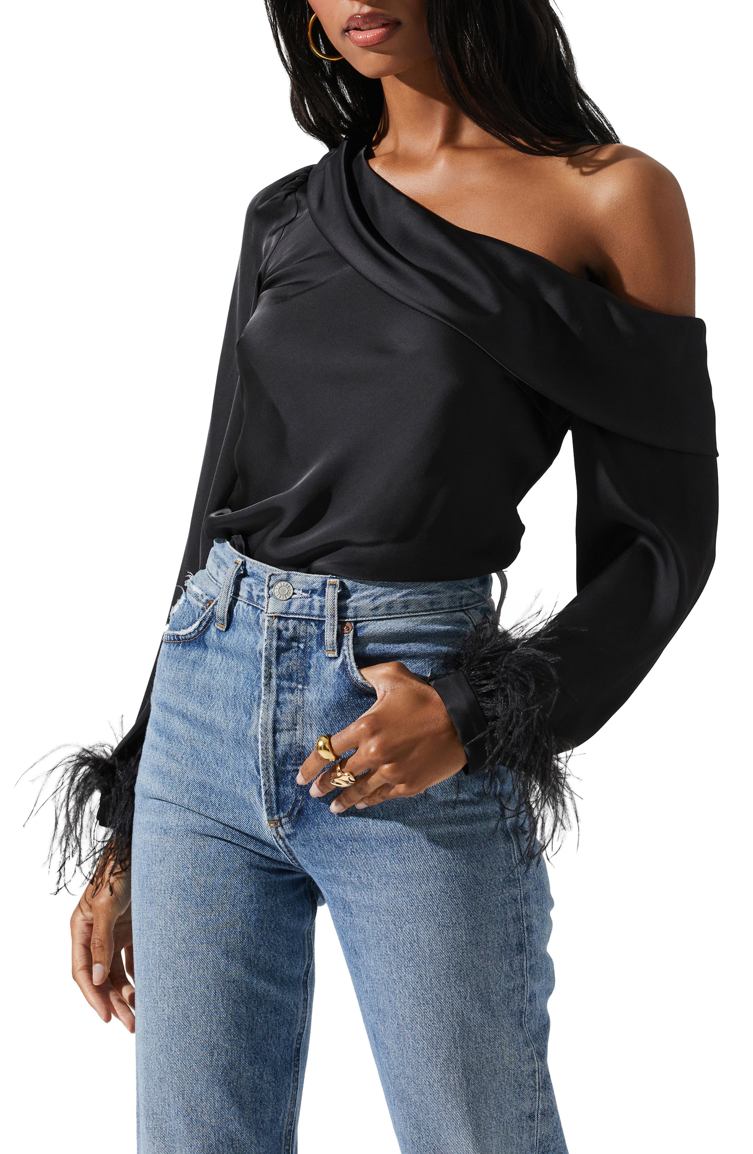 ASTR the Label Dawn One Shoulder Feather Trim Blouse (Women ...