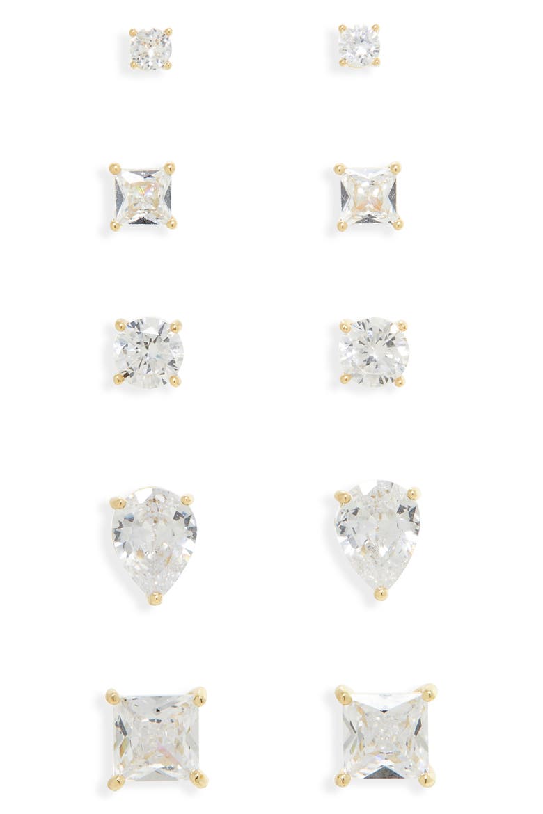 Set of 5 Cubic Zirconia Stud Earrings, Alternate, color, CLEAR- GOLD