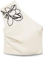 MANGO Floral Embroidery One-Shoulder Cotton Top